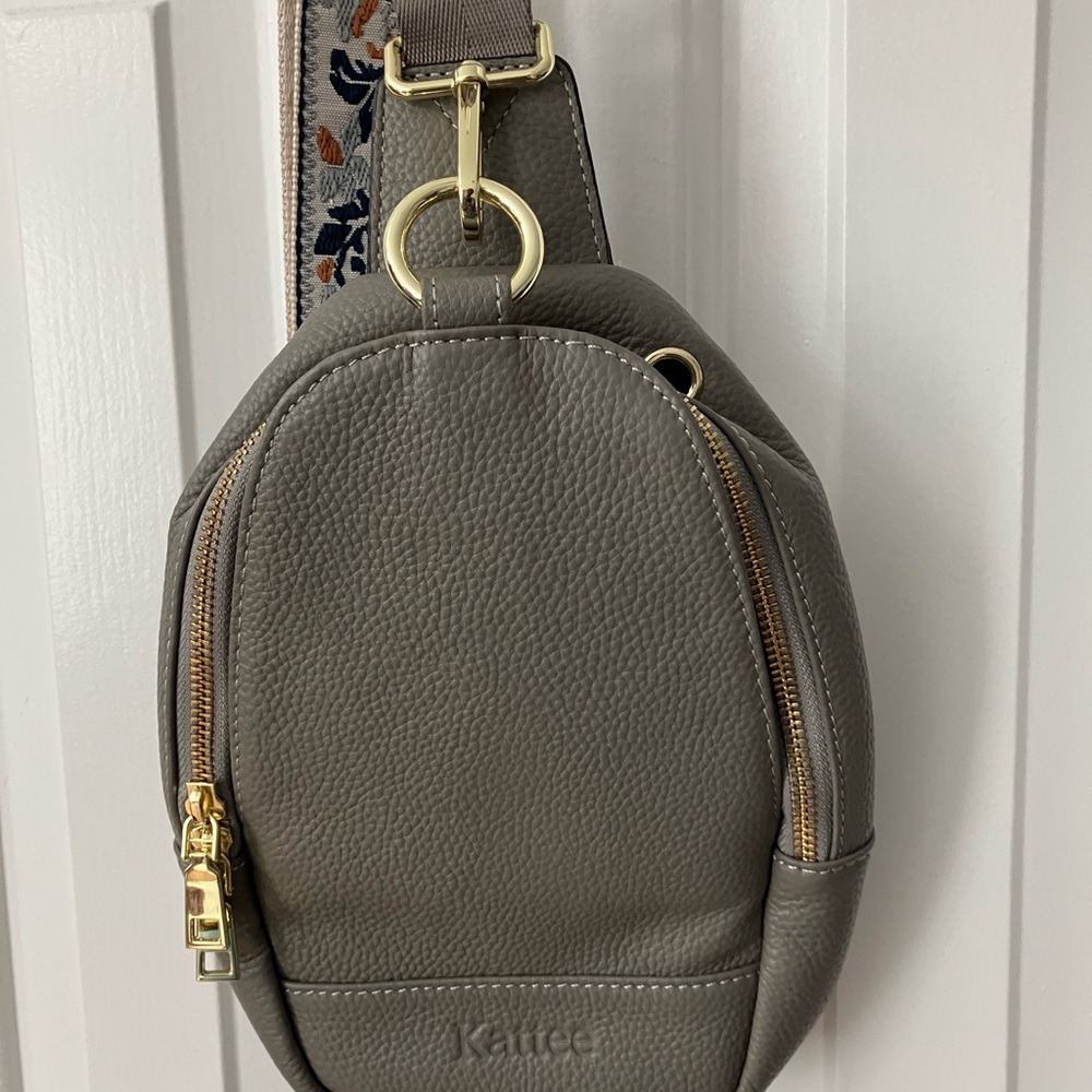 Kattee Gray Leather Crossbody Bag with Gold Accents